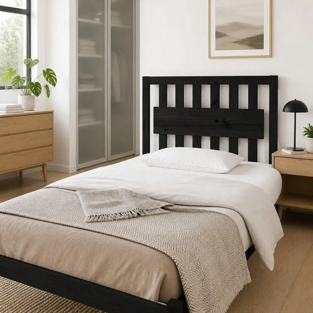 Bed Headboard Rustic Solid Pine Wood 95.5cm Black