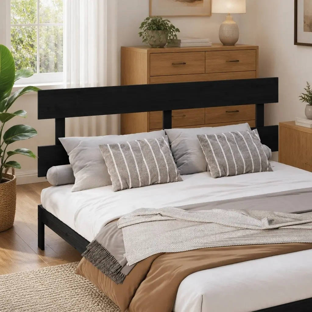 Bed Headboard Black Solid Wood Pine 184cm Bedroom Furniture Back Support