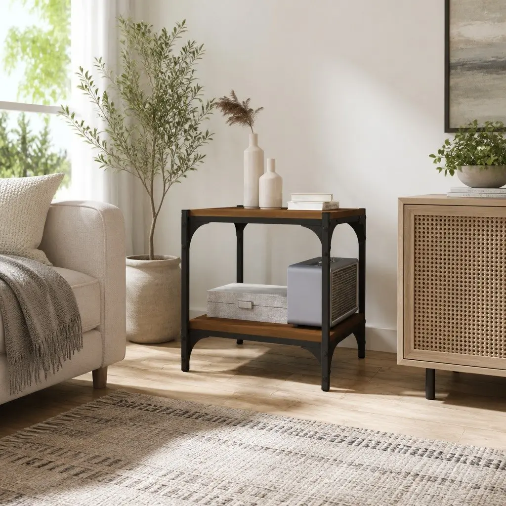 Industrial TV Stand Brown Oak Engineered Wood Steel Frame Storage 40x33x41cm