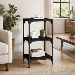 Book Cabinet Black Storage Shelf 3-Tier Engineered Wood Steel Frame Display Unit