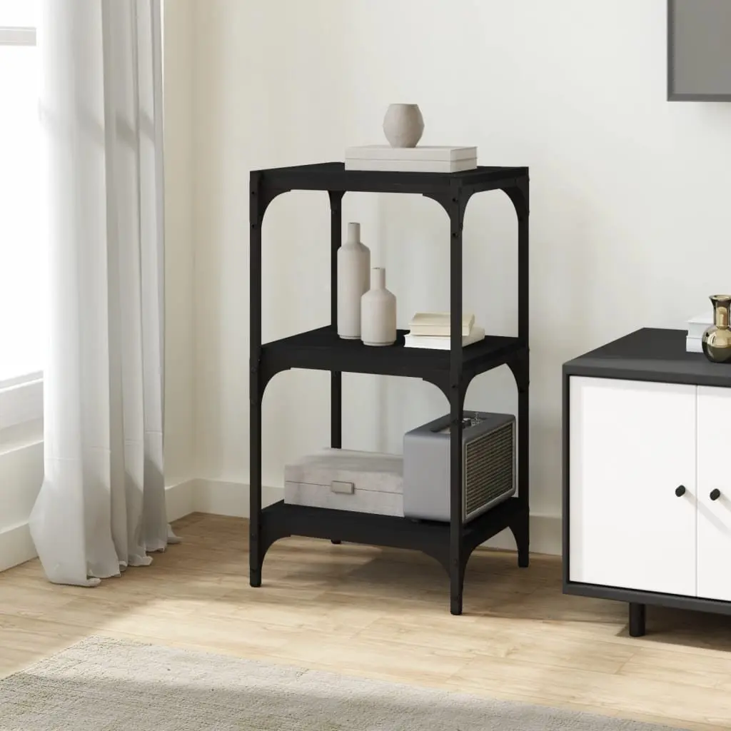Book Cabinet Black Storage Shelf 3-Tier Engineered Wood Steel Frame Display Unit