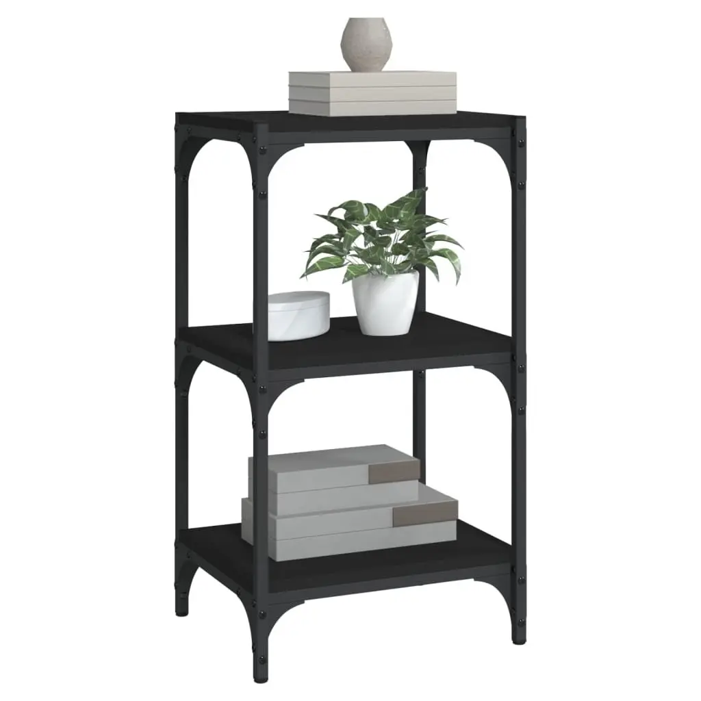 Book Cabinet Black Storage Shelf 3-Tier Engineered Wood Steel Frame Display Unit