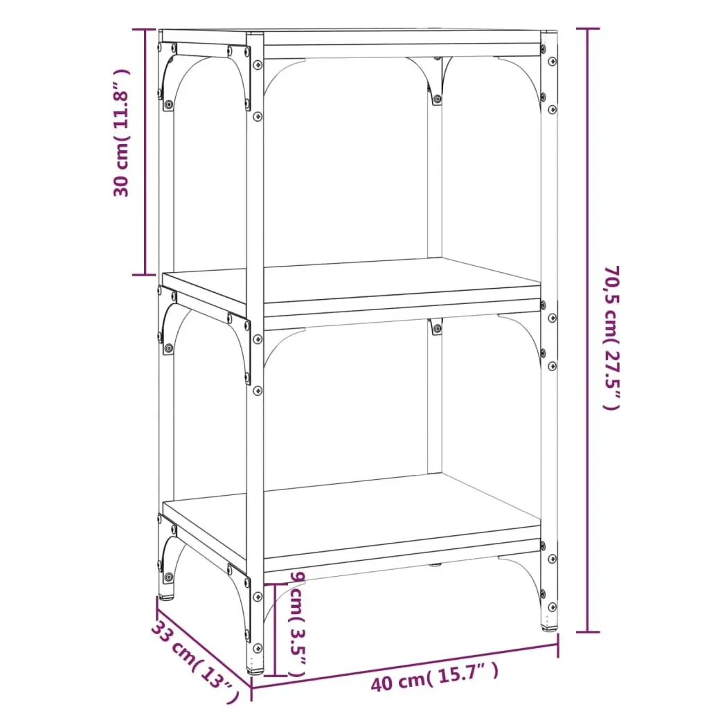 Book Cabinet Black Storage Shelf 3-Tier Engineered Wood Steel Frame Display Unit