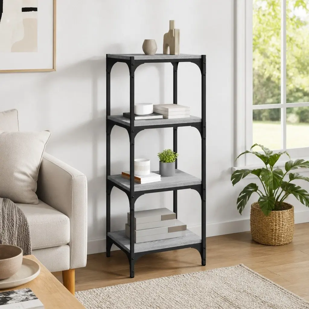 Book Cabinet Grey Industrial Style 4 Shelf Engineered Wood Steel Frame