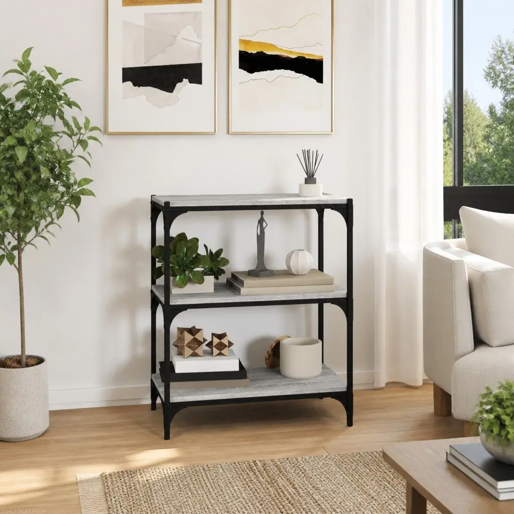 Book Cabinet Grey 3 Shelf Storage Shelving Unit Industrial Style Home Office