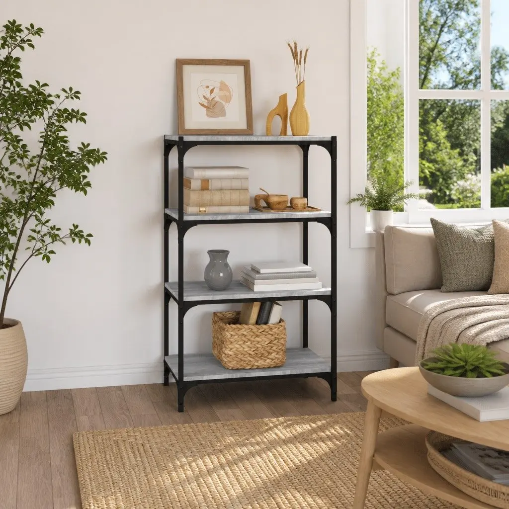 Book Cabinet Industrial Style Grey 60x33x100cm 4 Shelves Storage Shelf