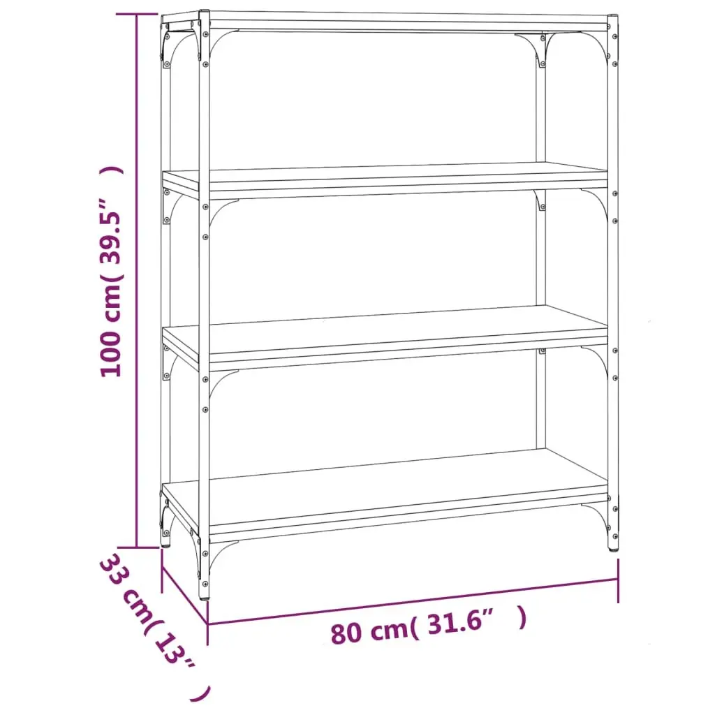 Book Cabinet Industrial Style Black 80x33x100cm 4 Shelf Storage Organiser