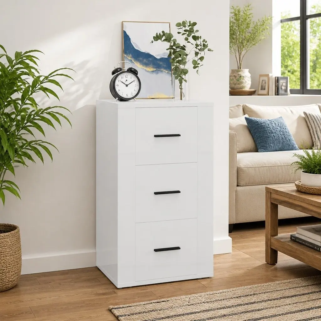 Storage Cabinet White High Gloss Engineered Wood 40x33x70cm with 3 Drawers