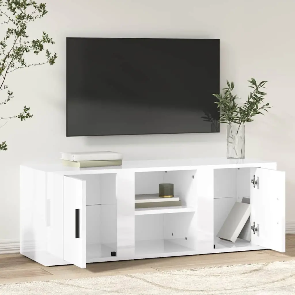 TV Cabinet High Gloss White Engineered Wood 4 Compartments