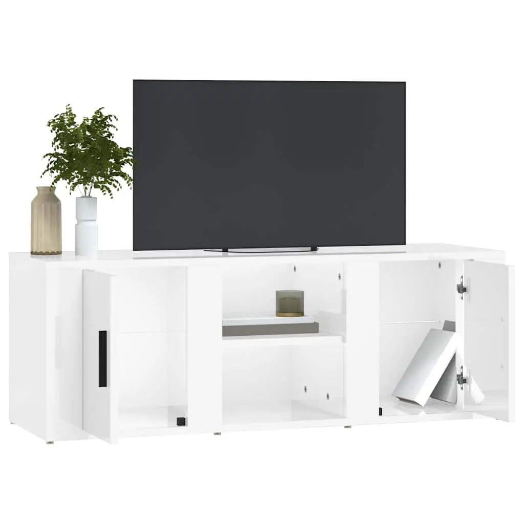 TV Cabinet High Gloss White Engineered Wood 4 Compartments
