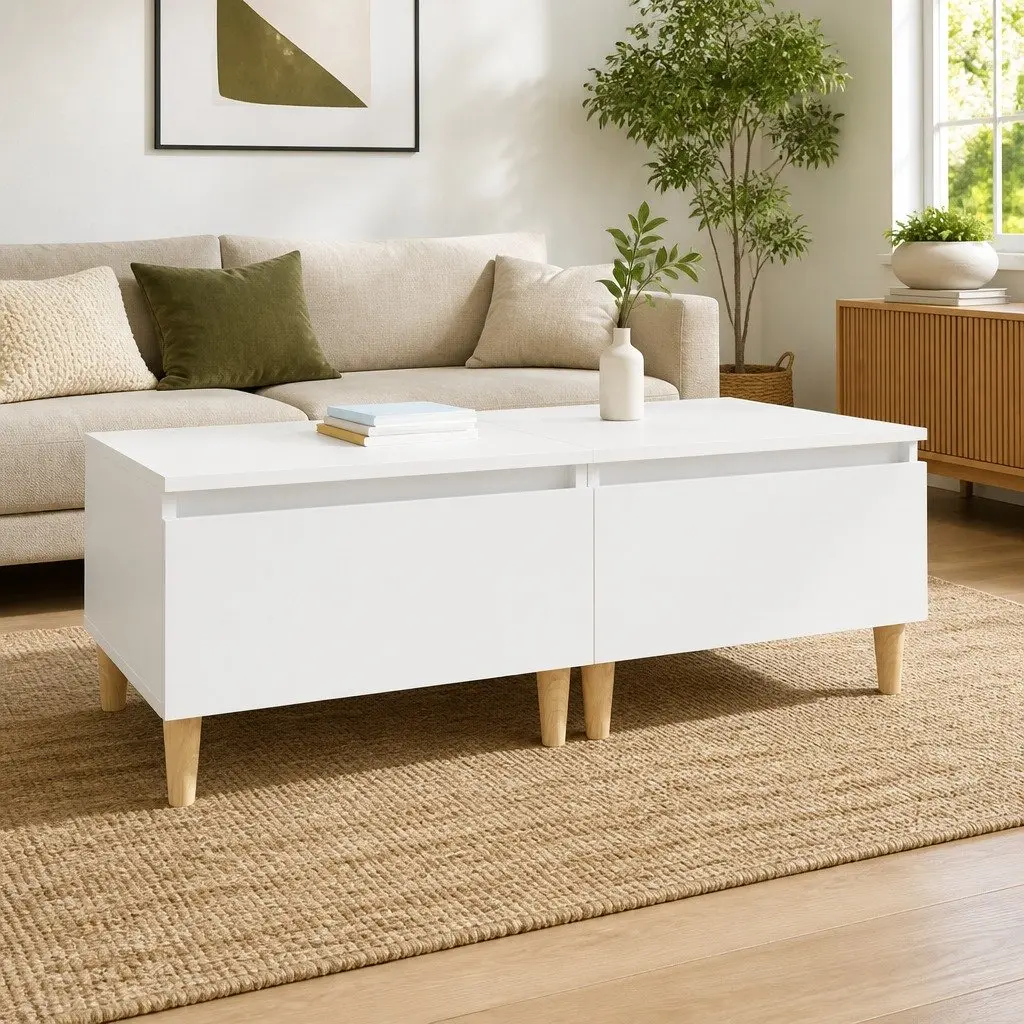 White Side Tables 2 Piece Set Engineered Wood Drawer Storage Scandinavian Style