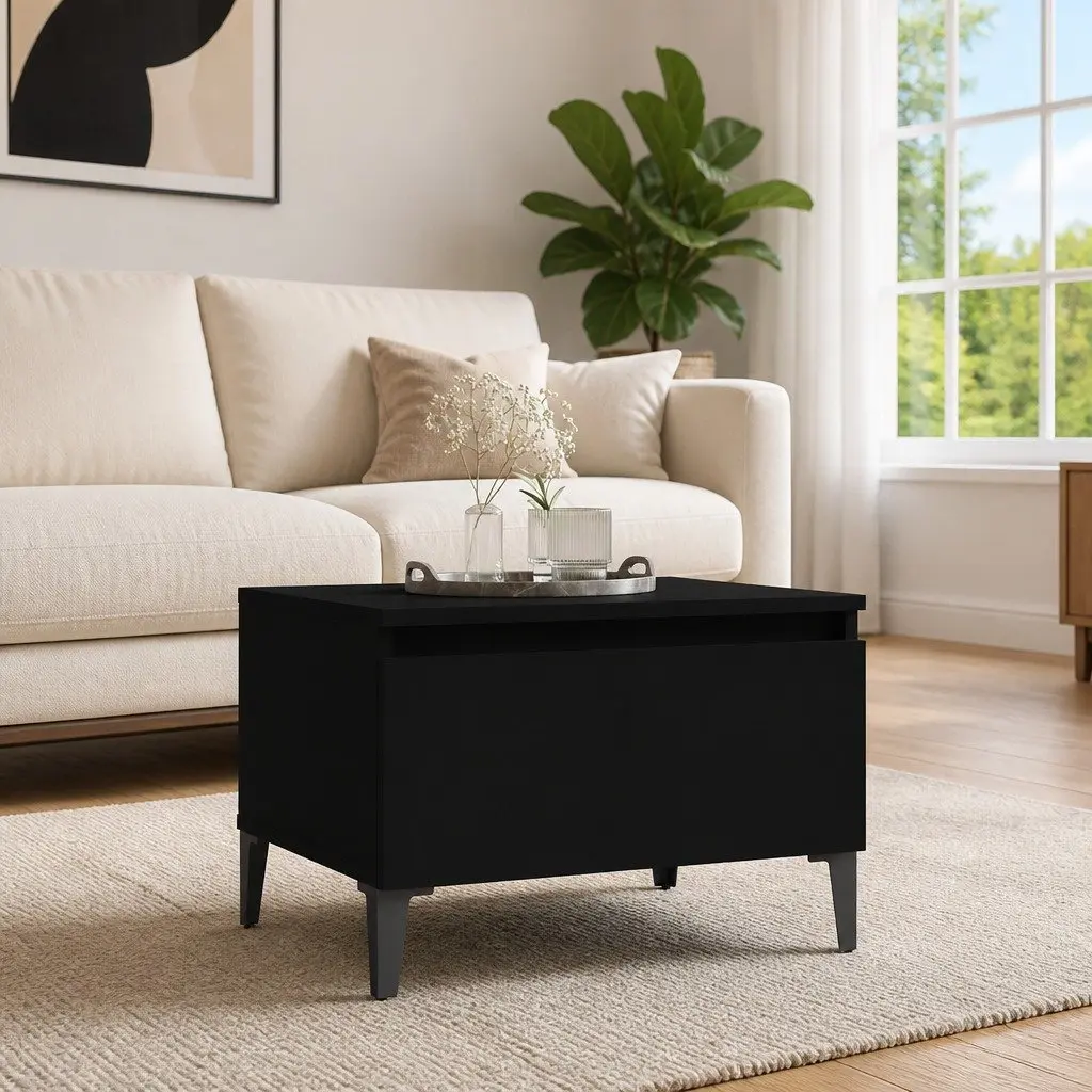 End Table Black Engineered Wood Storage Drawer Metal Feet 50x46x35 cm