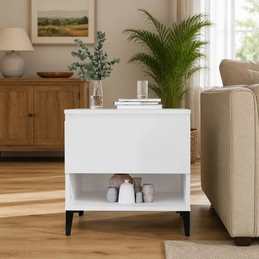 Side Table White Engineered Wood Storage Drawer Compartment 50W x 46D x 50H cm