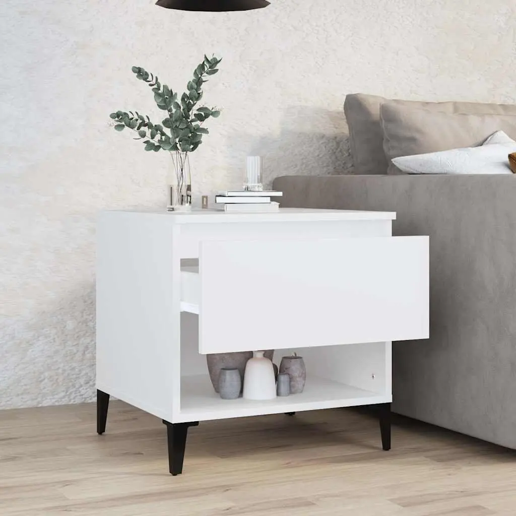 Side Table White Engineered Wood Storage Drawer Compartment 50W x 46D x 50H cm