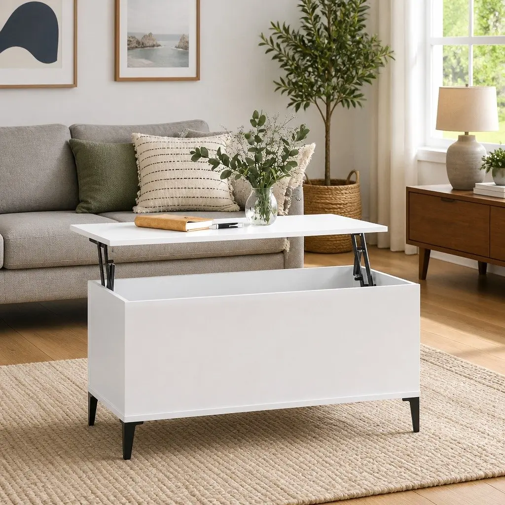 Coffee Table White High Gloss Lift Top Design Storage Compartment 90x44.5x45cm