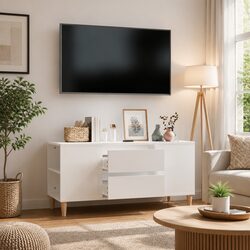 TV Cabinet White High Gloss Modern Storage Unit with Drawers Compartments
