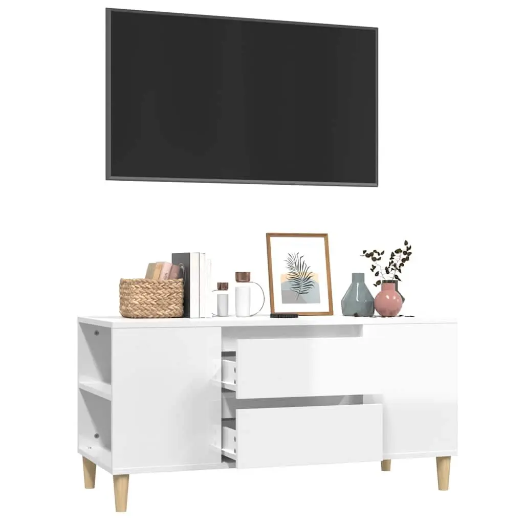 TV Cabinet Modern High Gloss White Storage Unit with Drawers and Compartments 102 x 44.5 x 50 cm