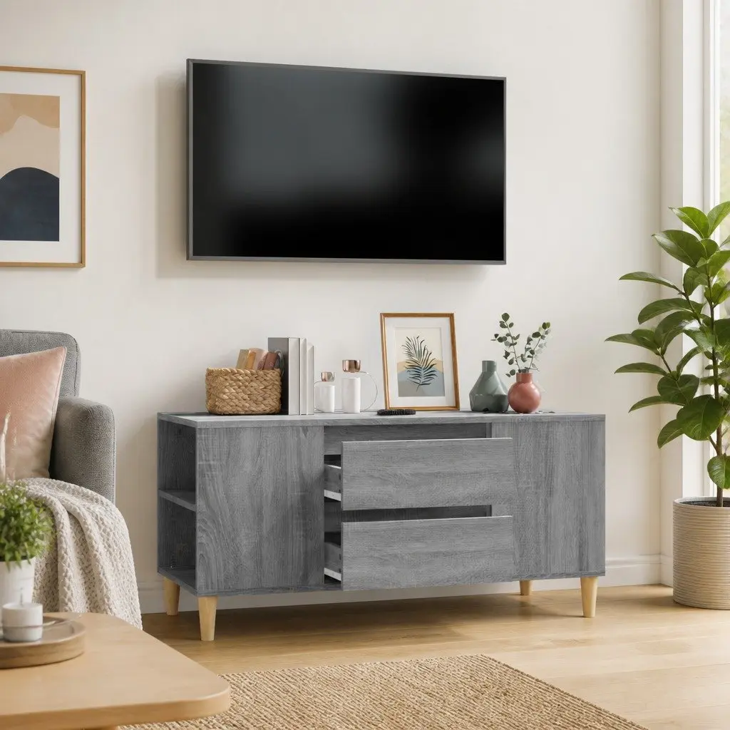TV Cabinet Grey Engineered Wood 102x44.5x50cm Storage Unit with 4 Open Compartments and 2 Drawers