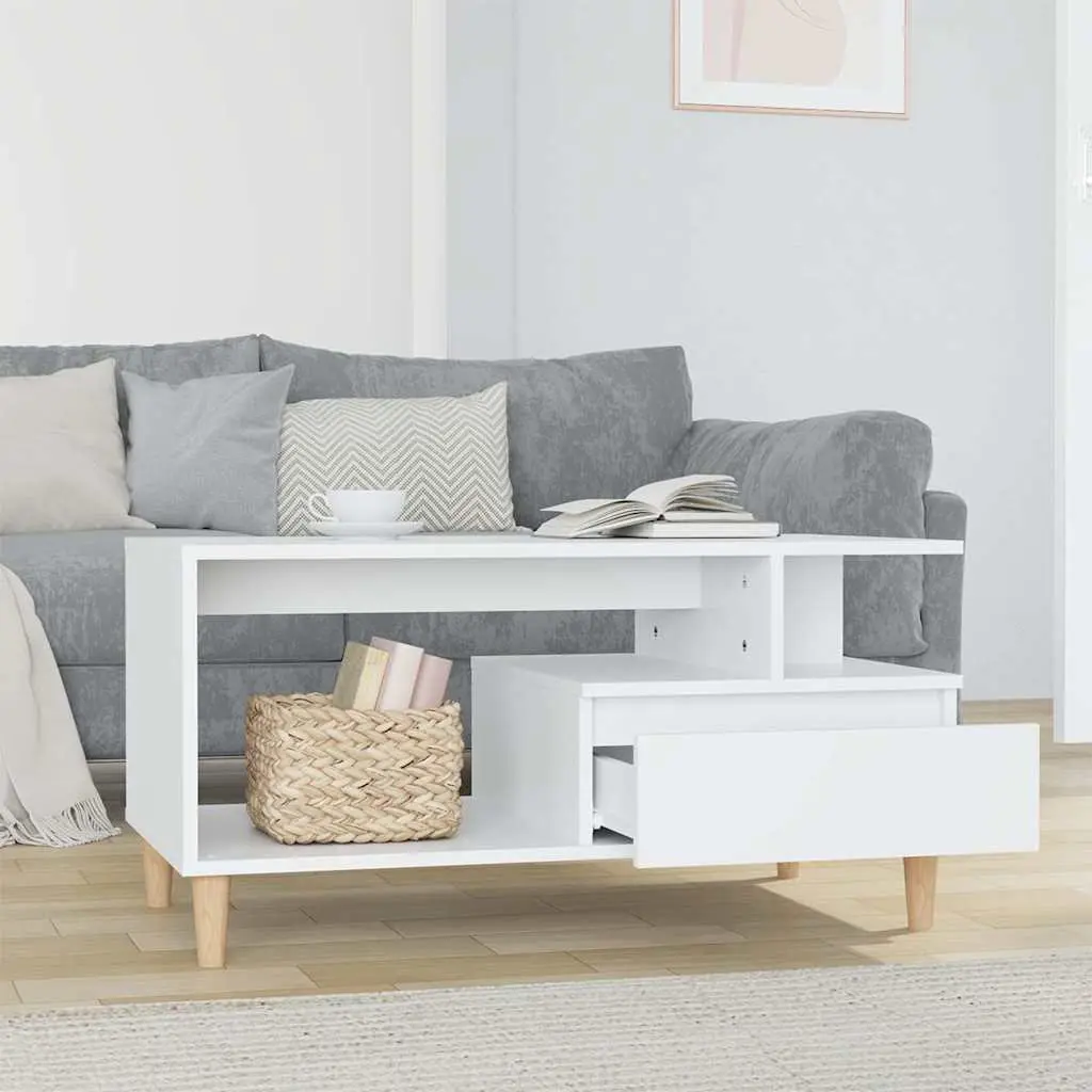 Coffee Table White Engineered Wood 90x49x45 cm with Drawer Storage Compartments
