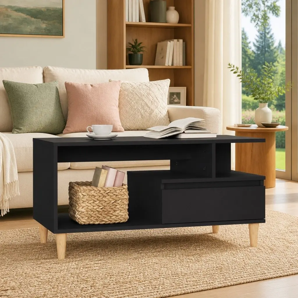 Black Coffee Table with Drawer Storage and Open Compartments Engineered Wood 90L x 49W x 45H cm