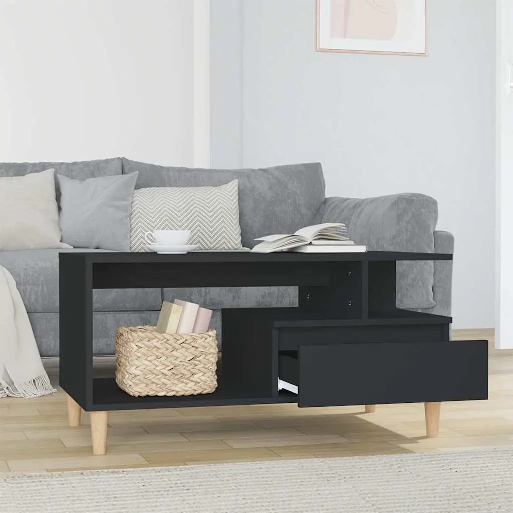 Black Coffee Table with Drawer Storage and Open Compartments Engineered Wood 90L x 49W x 45H cm
