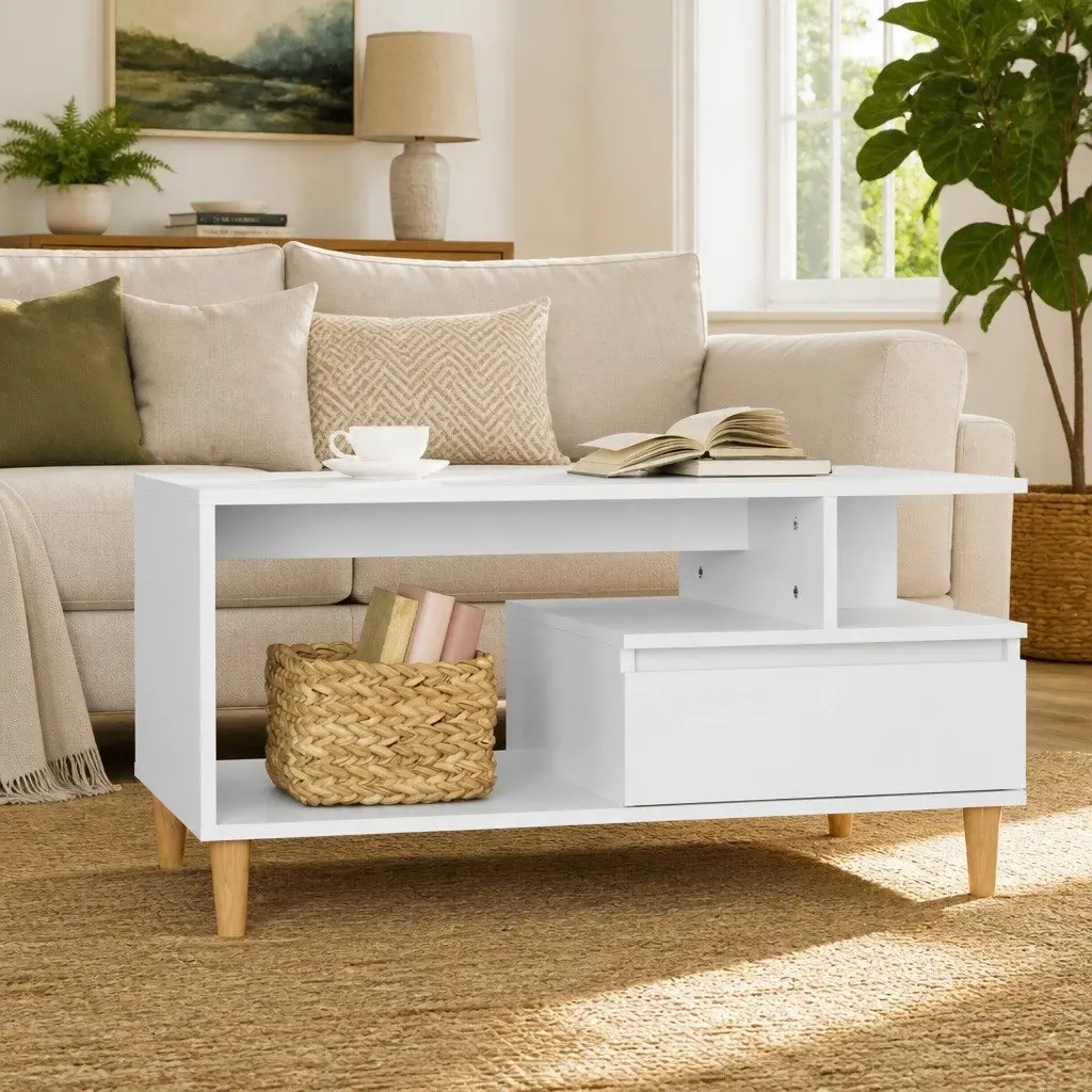 Coffee Table High Gloss White Open Shelves 1 Drawer Storage Engineered Wood