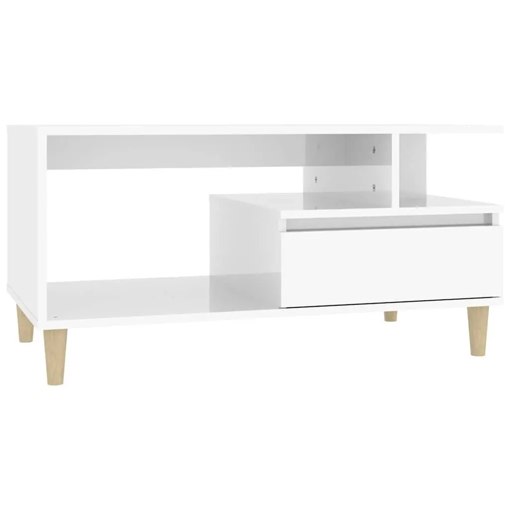 Coffee Table High Gloss White Open Shelves 1 Drawer Storage Engineered Wood