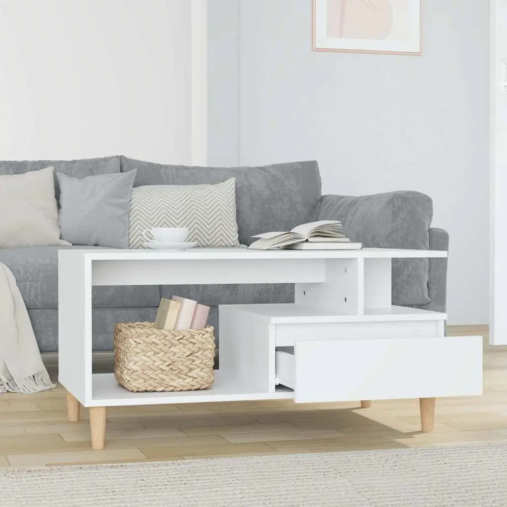 Coffee Table High Gloss White Open Shelves 1 Drawer Storage Engineered Wood