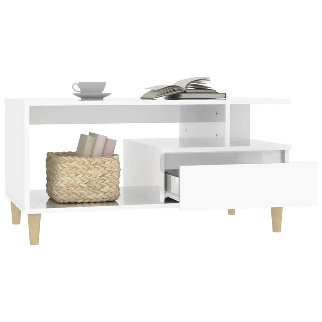 Coffee Table High Gloss White Open Shelves 1 Drawer Storage Engineered Wood