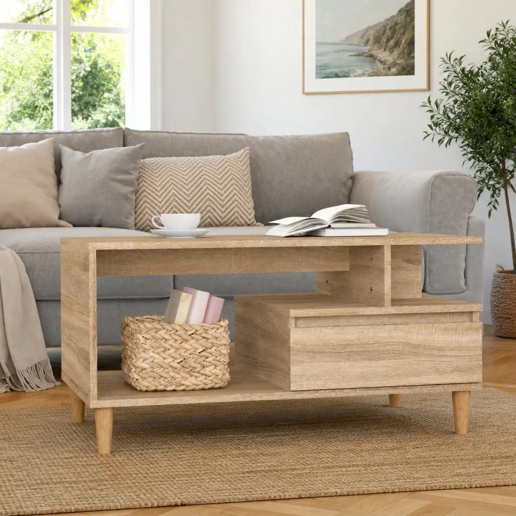 Coffee Table with Storage Drawer Open Shelves Wooden Legs Brown 90W x 49D x 45H cm