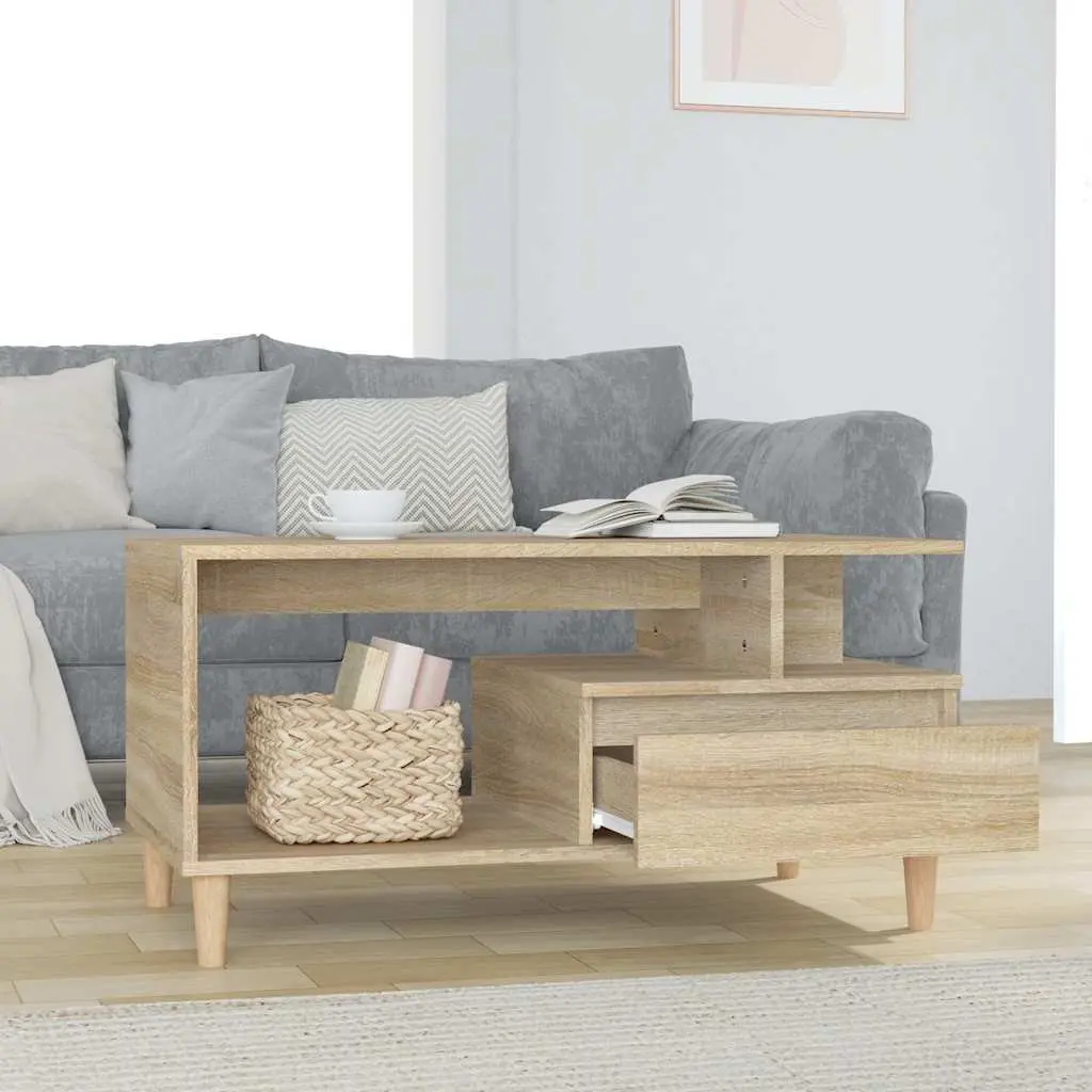Coffee Table with Storage Drawer Open Shelves Wooden Legs Brown 90W x 49D x 45H cm