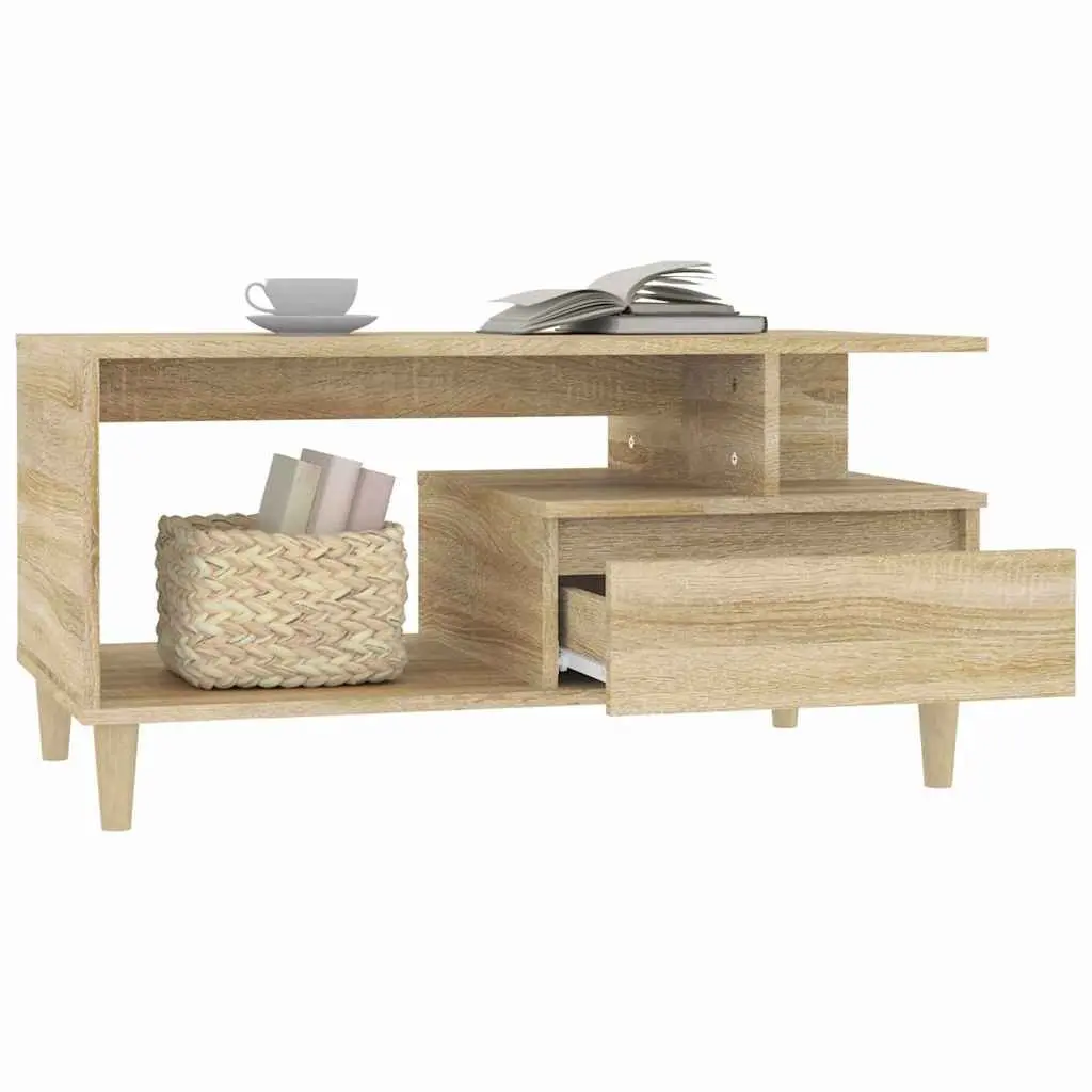 Coffee Table with Storage Drawer Open Shelves Wooden Legs Brown 90W x 49D x 45H cm