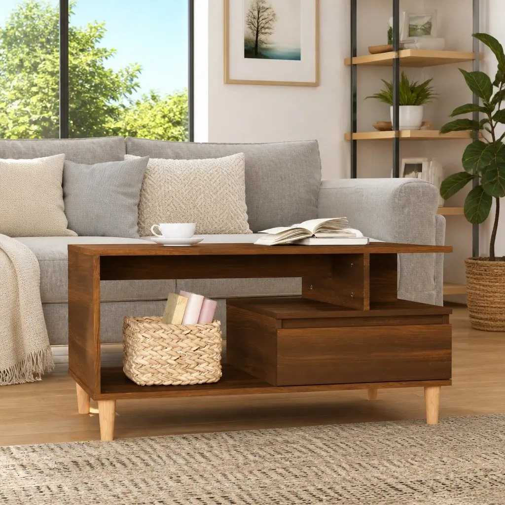 Coffee Table Brown Oak Open Compartment Storage Drawer 90 x 49 x 45 cm