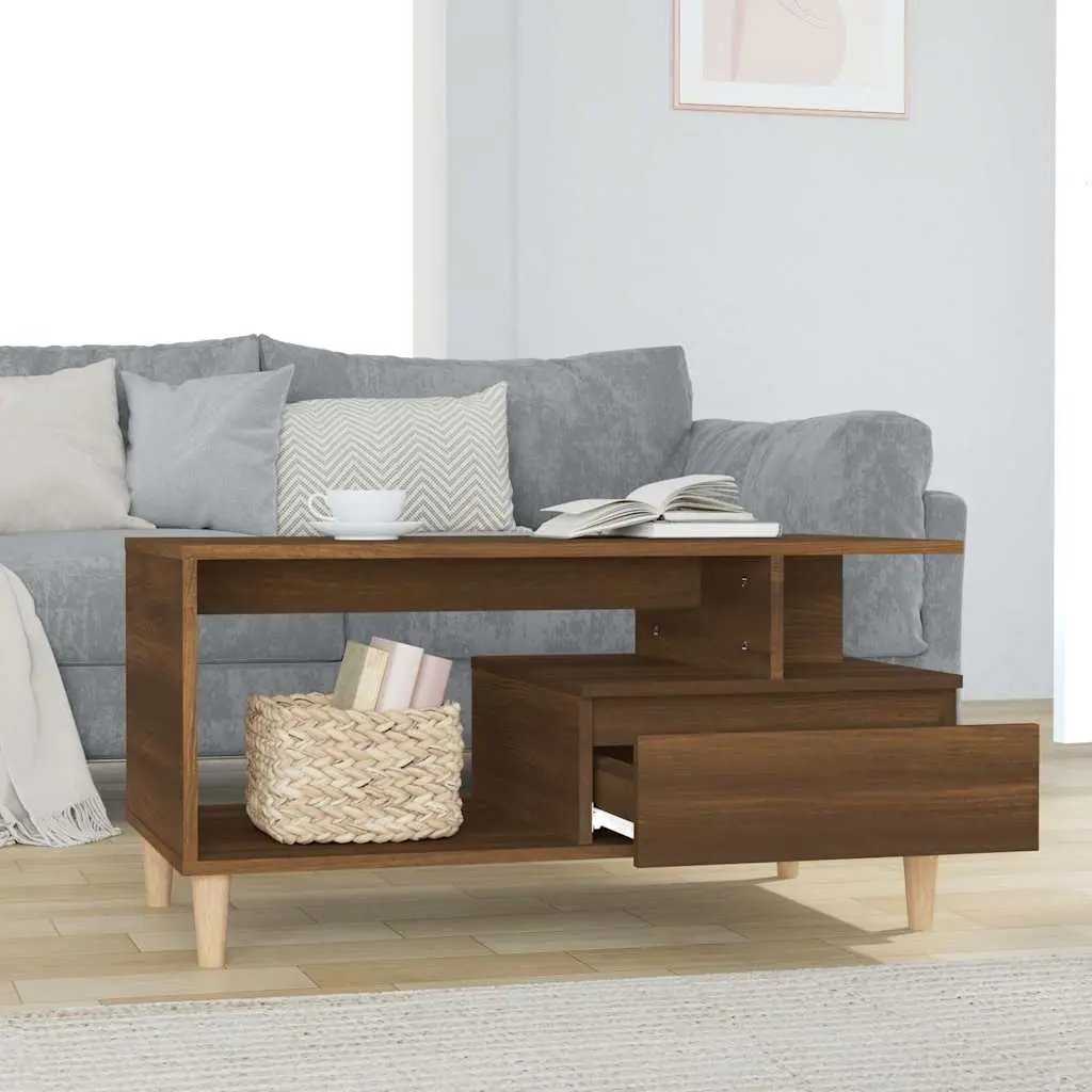 Coffee Table Brown Oak Open Compartment Storage Drawer 90 x 49 x 45 cm