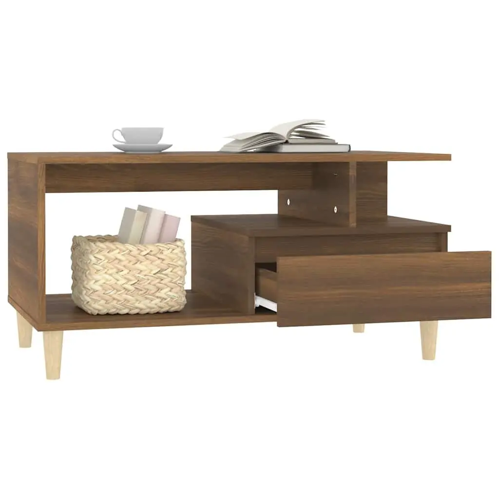 Coffee Table Brown Oak Open Compartment Storage Drawer 90 x 49 x 45 cm