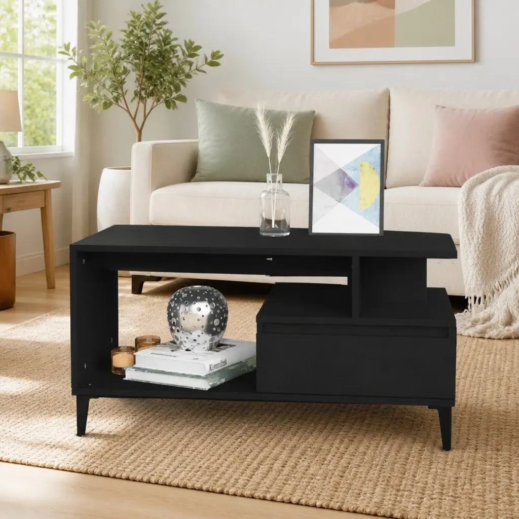 Coffee Table Black Engineered Wood Storage Accent Furniture 90 x 49 x 45 cm