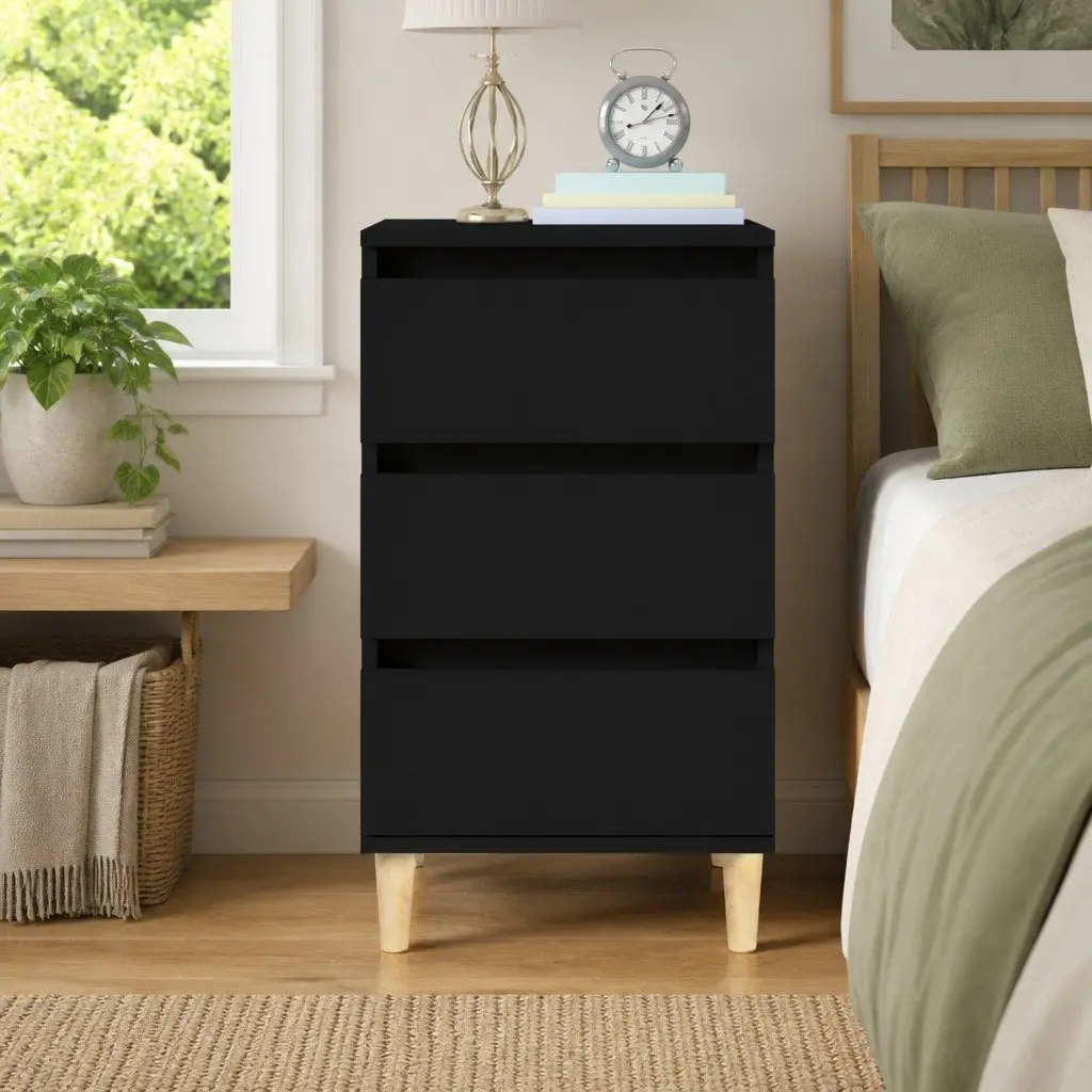 Bedside Cabinet Black Engineered Wood 40x35x70 cm 3 Drawers Storage