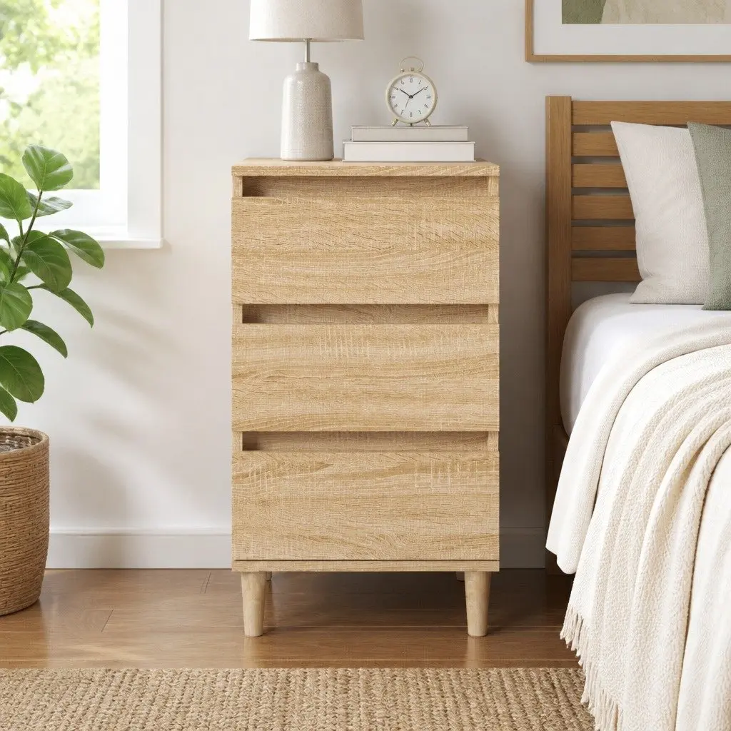 Bedside Cabinet Brown Engineered Wood 3 Drawer Nightstand