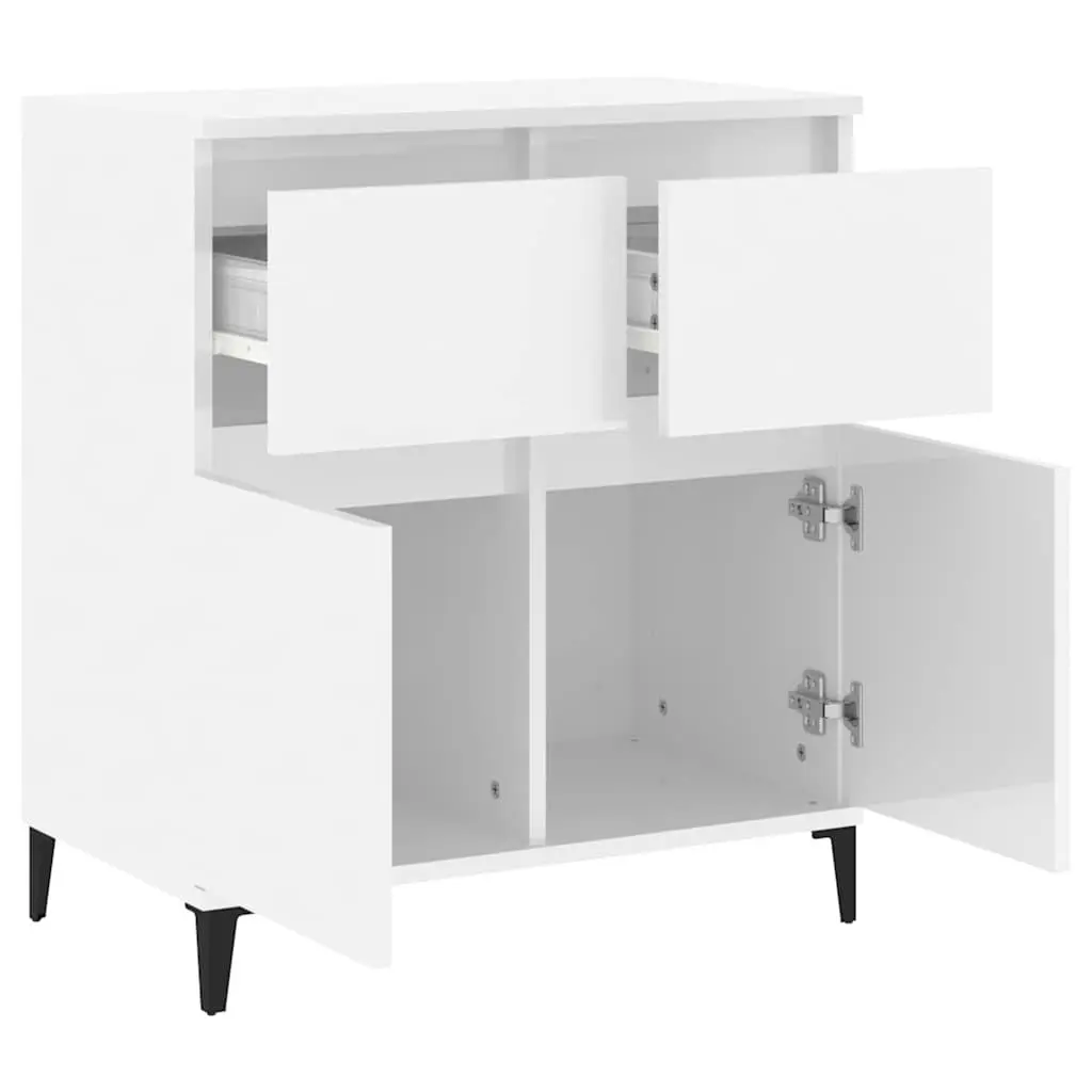 White Sideboard Storage Cabinet 60x35x70cm High Gloss Engineered Wood 2 Drawer