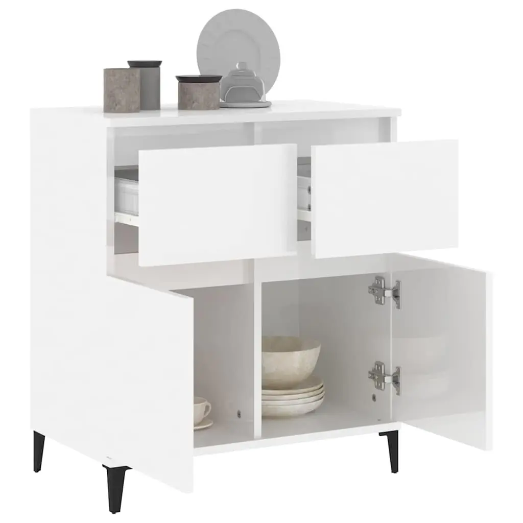 White Sideboard Storage Cabinet 60x35x70cm High Gloss Engineered Wood 2 Drawer