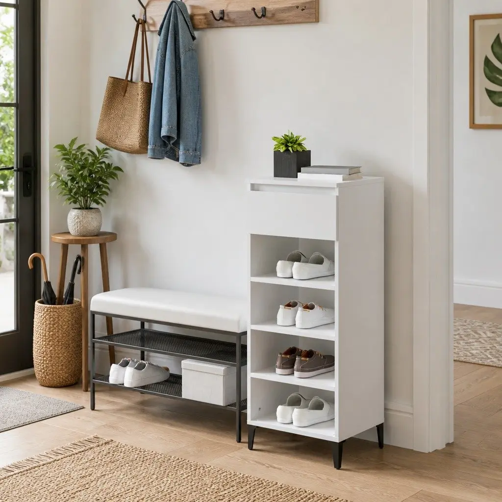 Shoe Storage Cabinet White Engineered Wood 40x36x105cm Metal Frame with Drawer