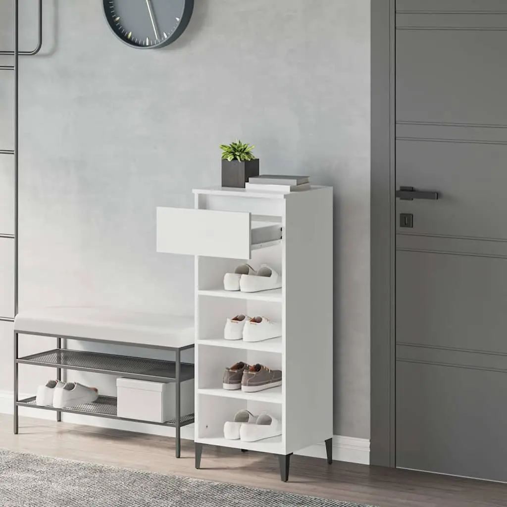 Shoe Storage Cabinet White Engineered Wood 40x36x105cm Metal Frame with Drawer