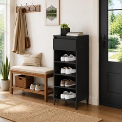 Shoe Rack Storage Cabinet Black Engineered Wood Shelves Drawer Organiser Unit