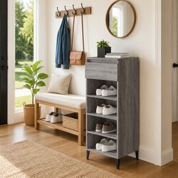 Shoe Rack Storage Cabinet Grey Engineered Wood 40x36x105cm Drawer Shelves