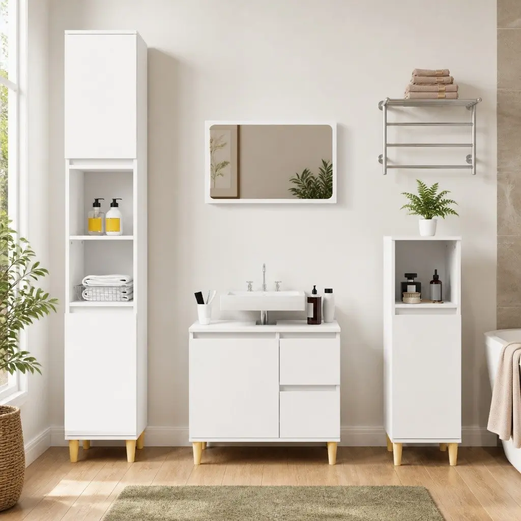 Bathroom Vanity Cabinet White Storage Unit 6 Compartments 2 Doors Engineered