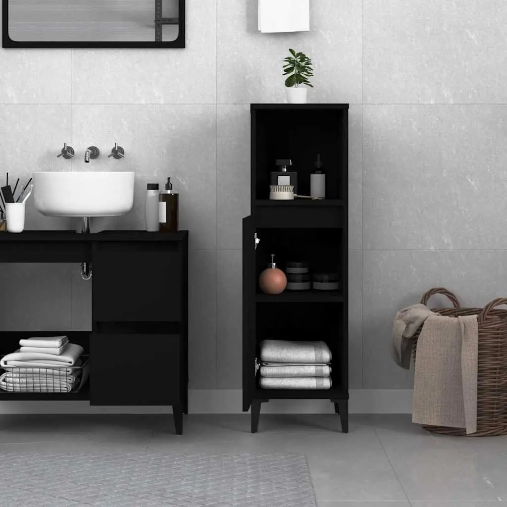 Bathroom Cabinet Black Engineered Wood Storage Unit 30x30x100cm