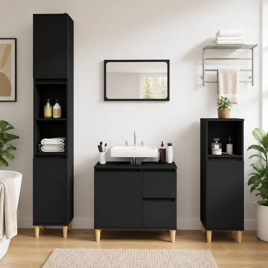 Bathroom Vanity Cabinet Black Engineered Wood 65x33x60 cm