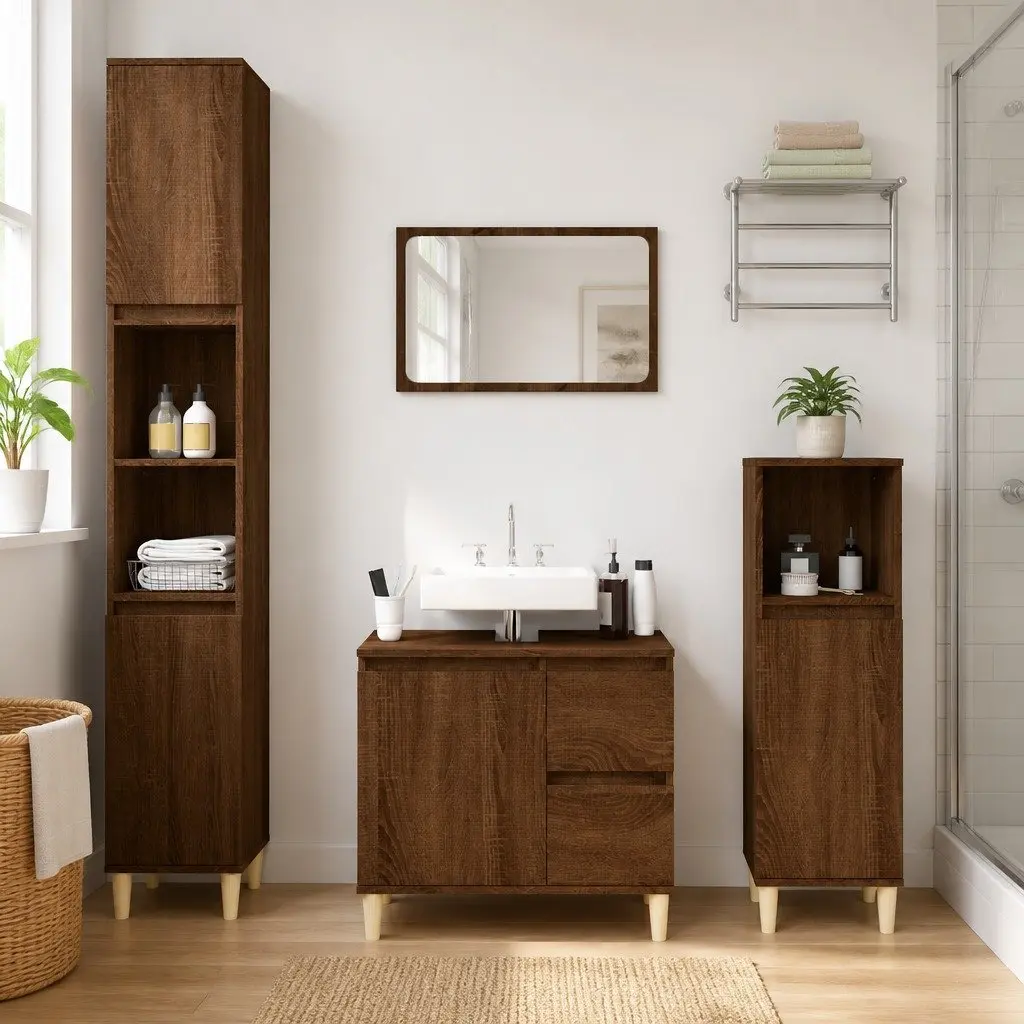 Bathroom Vanity Cabinet Brown Oak 65x33x60cm Engineered Wood Storage Cupboard