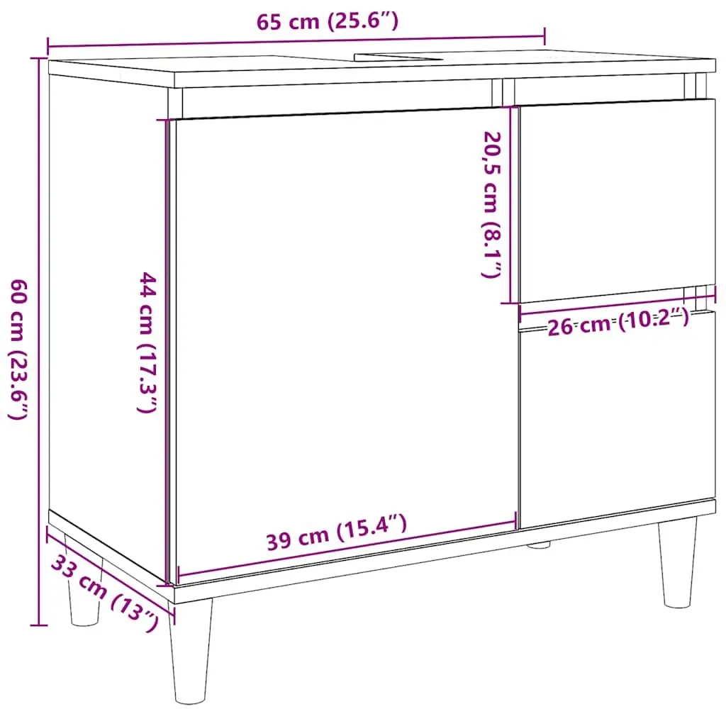 Bathroom Vanity Cabinet Brown Oak 65x33x60cm Engineered Wood Storage Cupboard