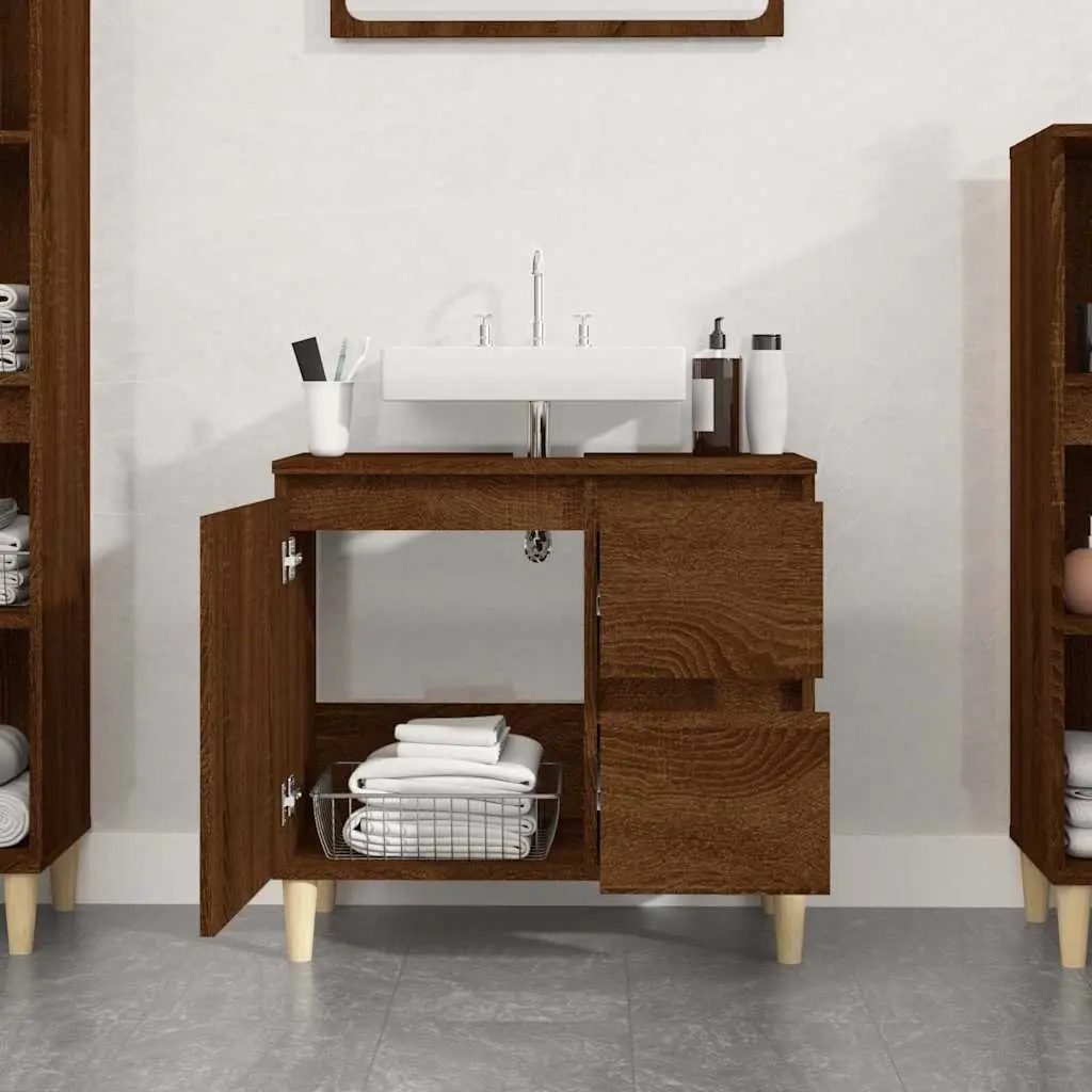Bathroom Vanity Cabinet Brown Oak 65x33x60cm Engineered Wood Storage Cupboard